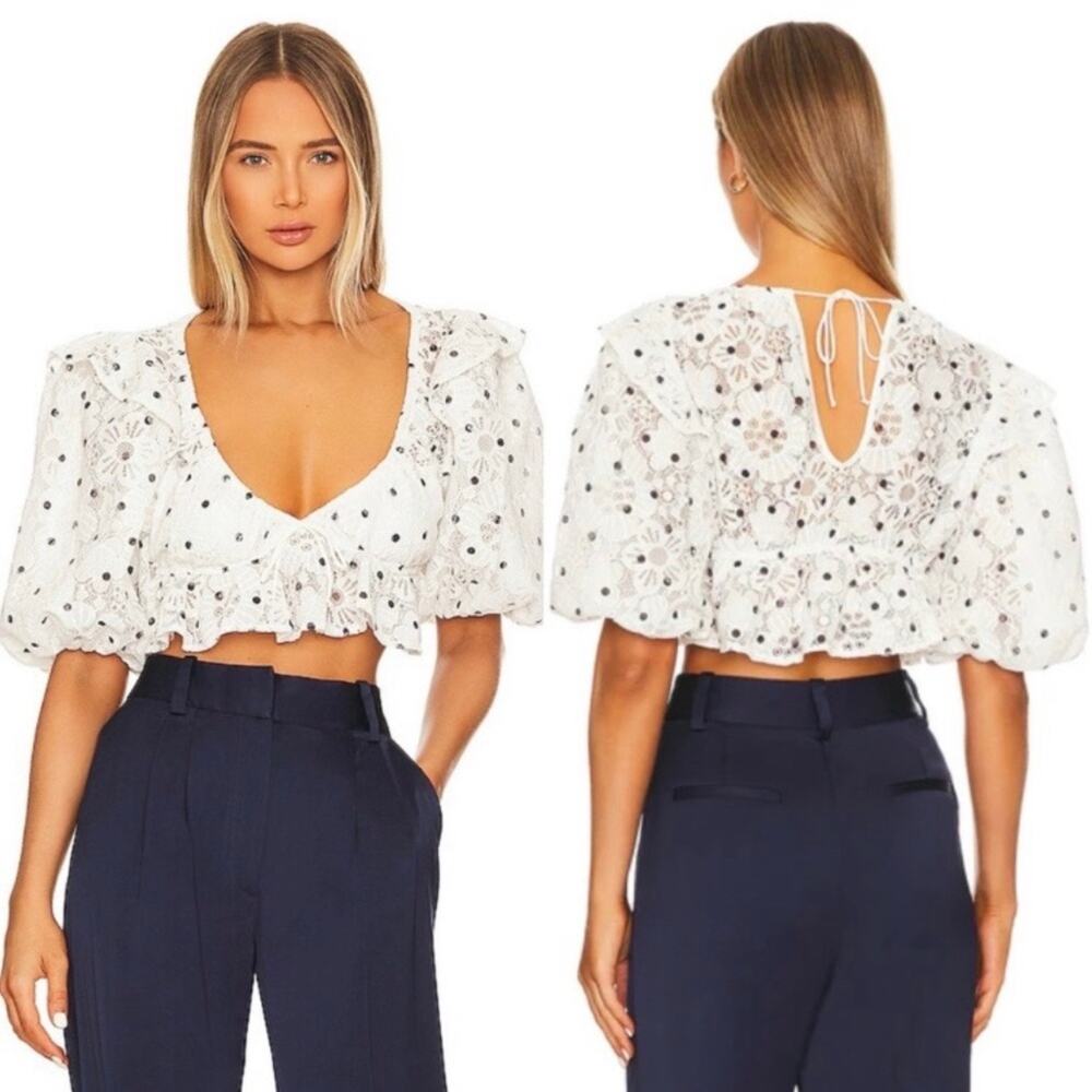 For Love & Lemons Glen White Polka Dot Lace Romantic Puff Sleeve Crop Top Size M